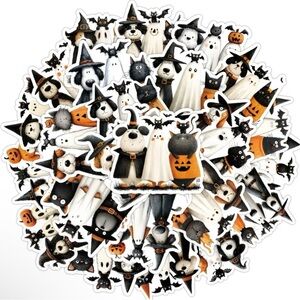 50 Halloween Puppy Dogs & Kitty Cats in Costumes Stickers Witch Ghost Pumpkin
